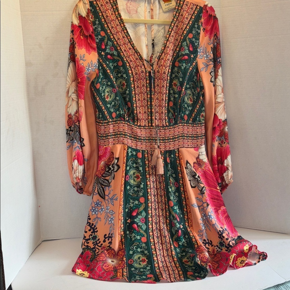 FARM RIO FOR ANTHROPOLOGY TOPANGA BOHO HIPPIE MINI MULTICOLORED FLORAL DRESS SM - Picture 6 of 14